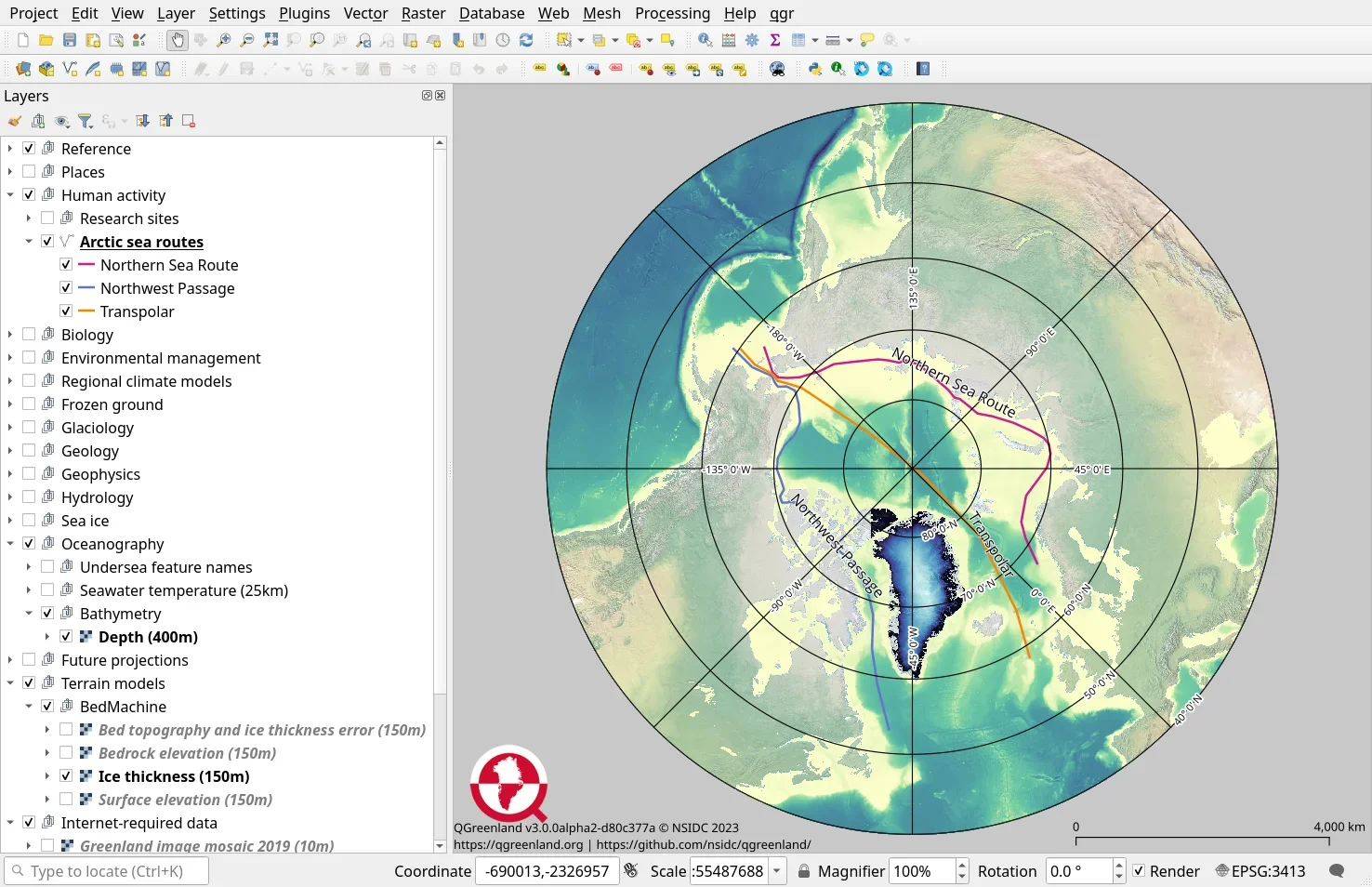 QGreenland v3.0 interface geeft Arctische zeeroutes, bathymetrie en verscheidene thematische gegevenslagen weer